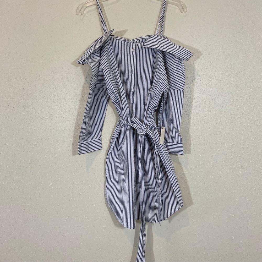 Sneak Peak Shirt Dress Railroad Mini Pinstriped Belted Cuff Sleeves Pocket Beach - Picture 4 of 13